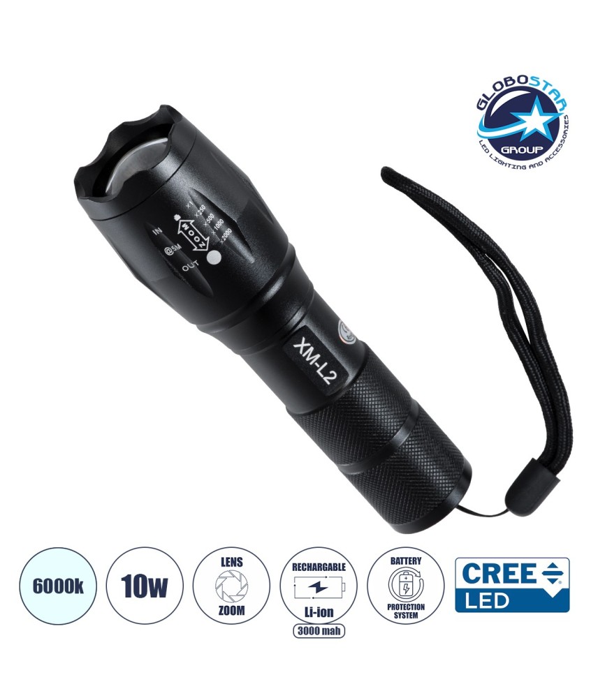 GLOBOSTAR® HANDLAMP 79041 Φακός Χειρός LED 10W 1000lm 5~60° DC 5V με Επαναφορτιζόμενη Μπαταρία Li-ion 3.7V 1x18650 3000mAh IP20 Ψυχρό Λευκό 6000K - CREE XML2-T6 Chip - Μ13.5 x Π4 x Υ4cm - 1 Χρόνο Εγγύηση